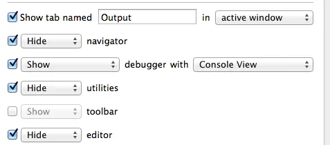 Screenshot of an Xcode behavior configured for build events.