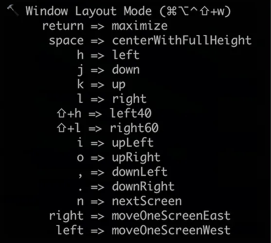 Window layout mode cheatsheet showing h/j/k/l key mappings