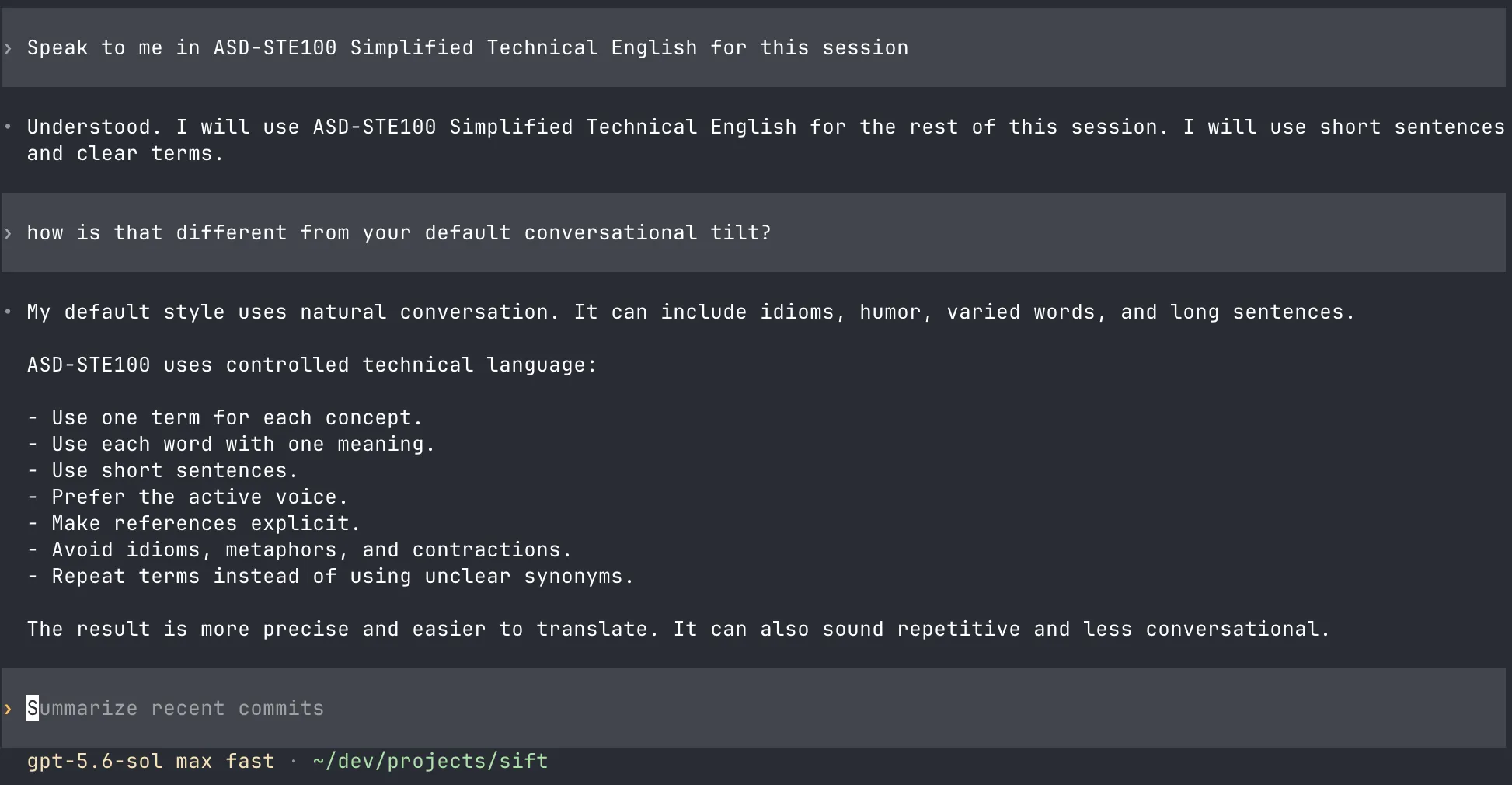 A terminal AI coding session asked to use ASD-STE100 Simplified Technical English, contrasting its default conversational style with controlled-language rules: one term per concept, one meaning per word, short sentences, active voice, explicit references, no idioms or contractions, and repeated terms instead of synonyms.