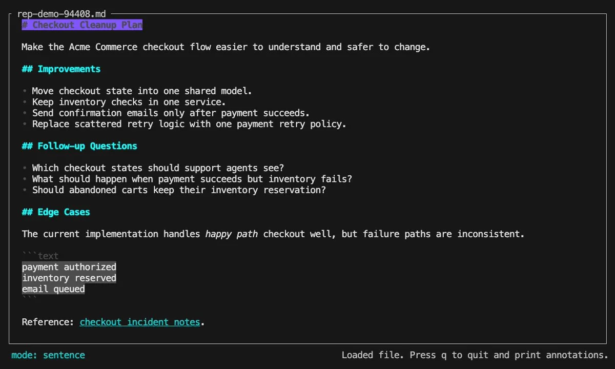 Terminal plan-revision interface showing a Checkout Cleanup Plan with highlighted annotations and navigation controls.