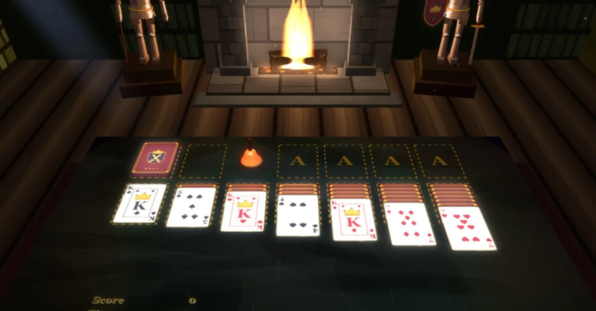A 3D Klondike Solitaire game on a table in a castle room, with a lit fireplace and suits of armor.