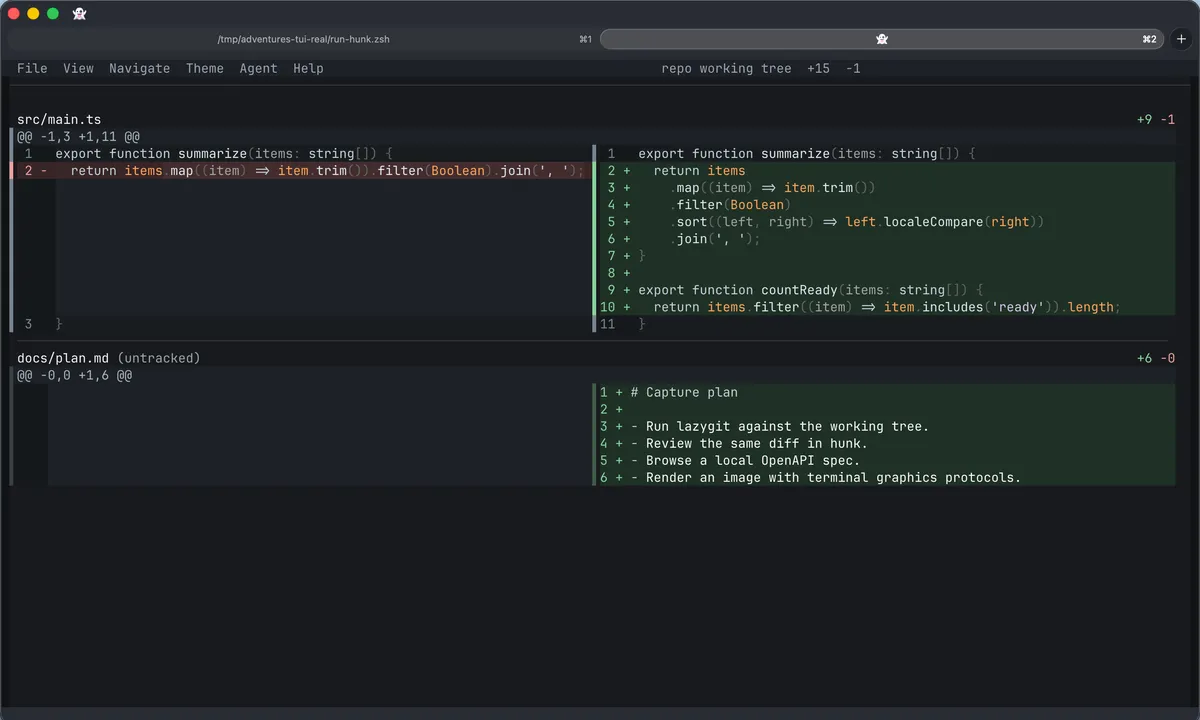 hunk terminal diff review view with a review queue and focused side-by-side diff panel.
