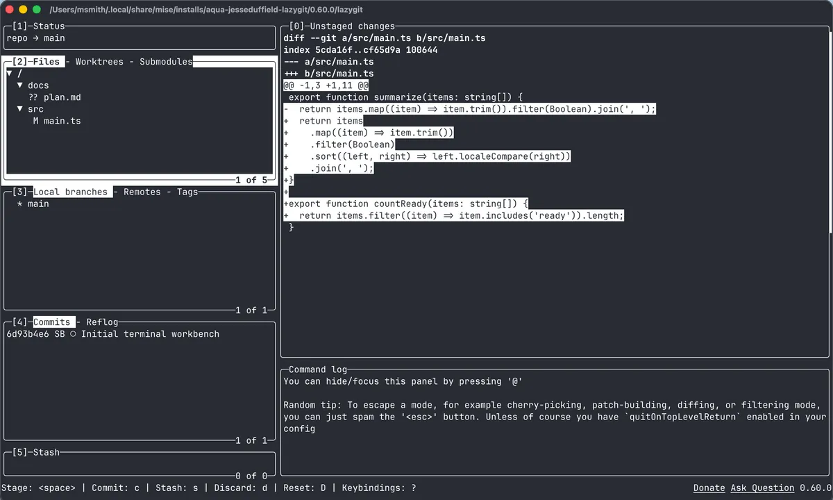 lazygit running in Ghostty with file, branch, commit, diff, and command log panels visible.