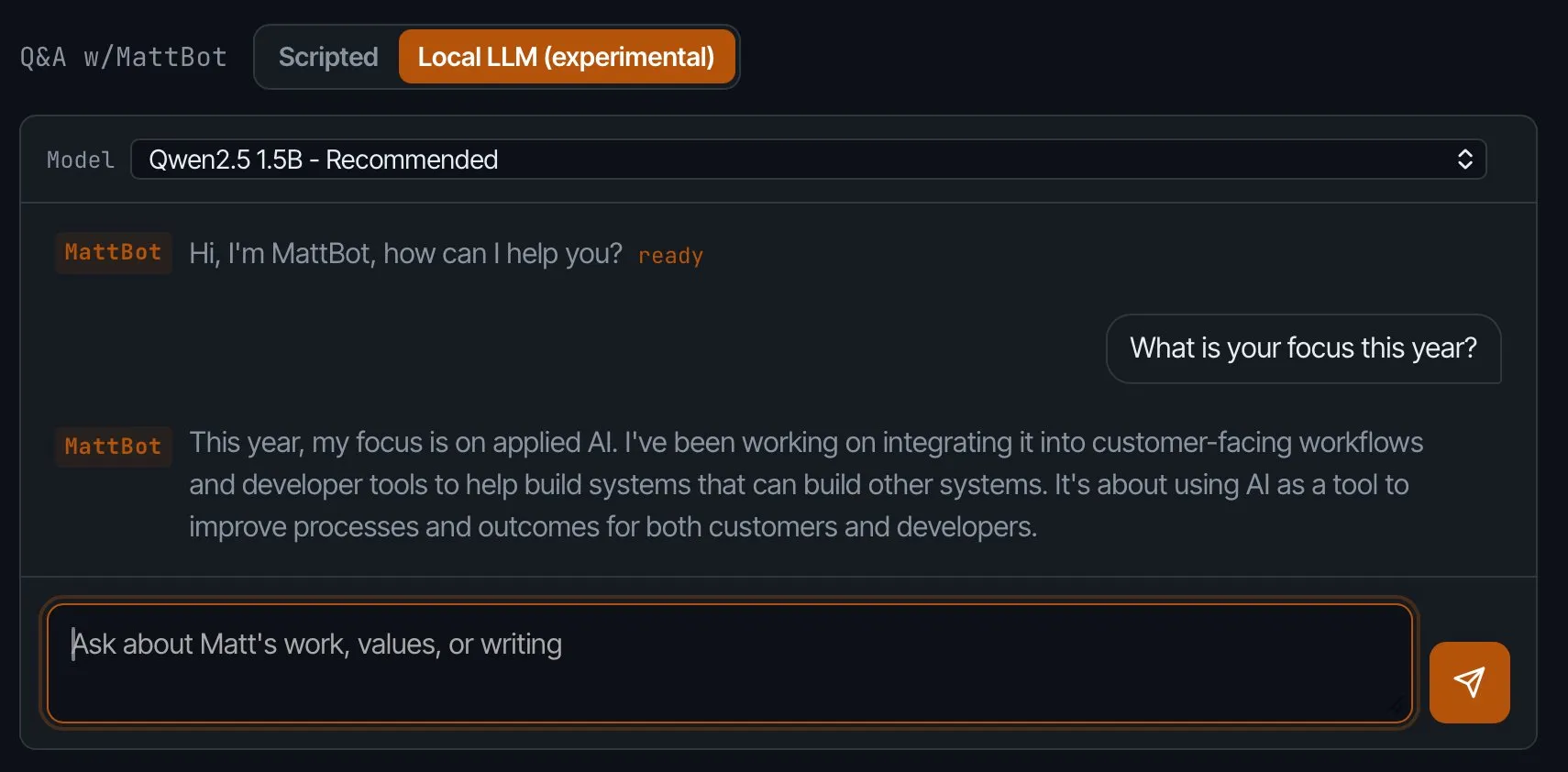MattBot interface running a local Qwen2.5 1.5B model and answering a question about Matt's focus for the year.