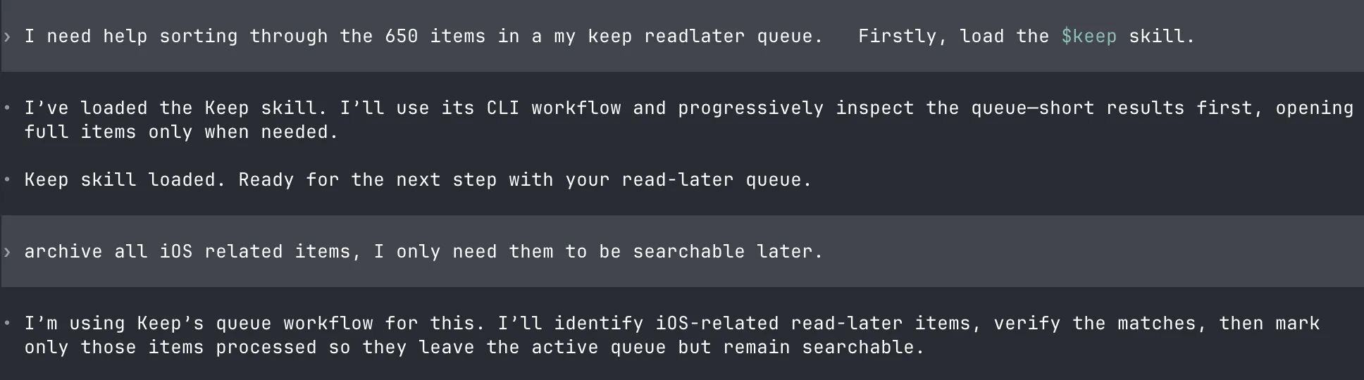 A Claude Code session where the user asks for help sorting a 650-item read-later queue, loads a Keep skill, then asks to archive all iOS-related items so they leave the active queue but stay searchable.