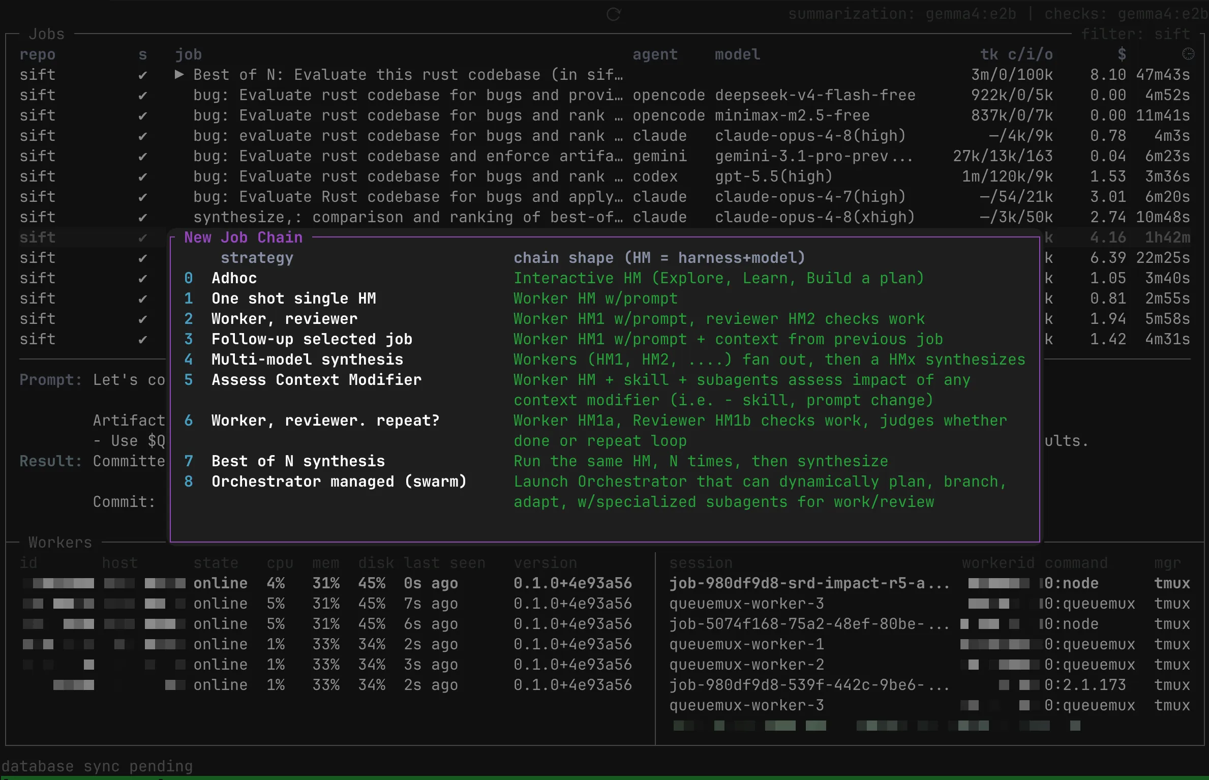 A stealth project control-plane TUI showing jobs, workers, tmux sessions, and job detail panes.