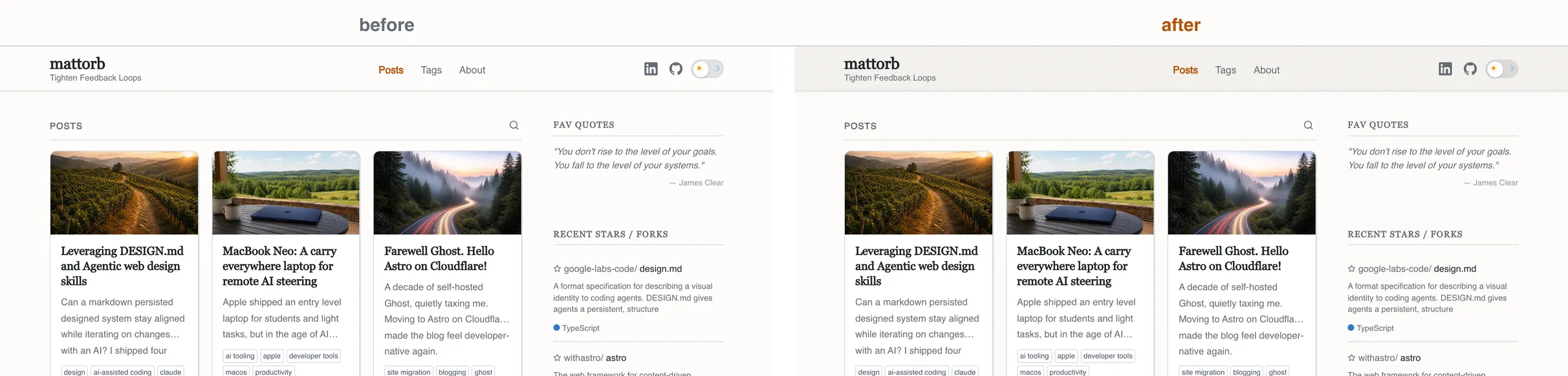 The home page top in light mode, before and after the paper-grain pass. Before: cards on a stark, flat white page. After: cards still pure white, but sitting on a faintly warm and gently textured paper background that gives the page material rather than just a color.