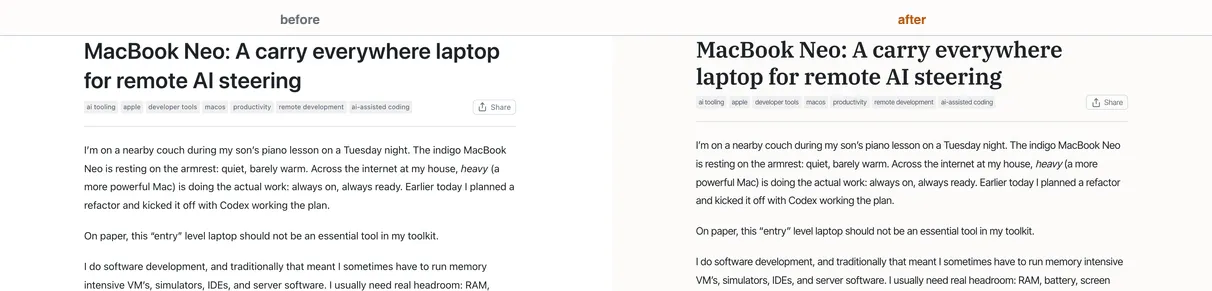 An article header before and after the typography change. Before: title rendered in the default operating-system sans-serif. After: title rendered in IBM Plex Serif at semibold, with tighter tracking and a more deliberate display weight. The body paragraphs below remain readable in a refined sans-serif.