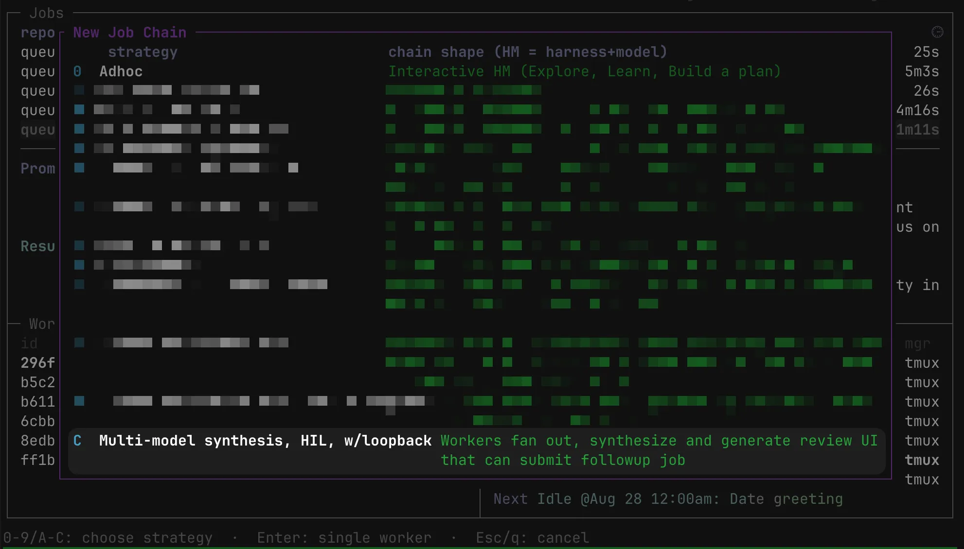 Terminal job-orchestrator interface with a New Job Chain overlay listing chain strategies, their labels redacted, beside green chain-shape bars; the highlighted entry reads Multi-model synthesis, HIL, w/loopback — Workers fan out, synthesize and generate review UI that can submit followup job.