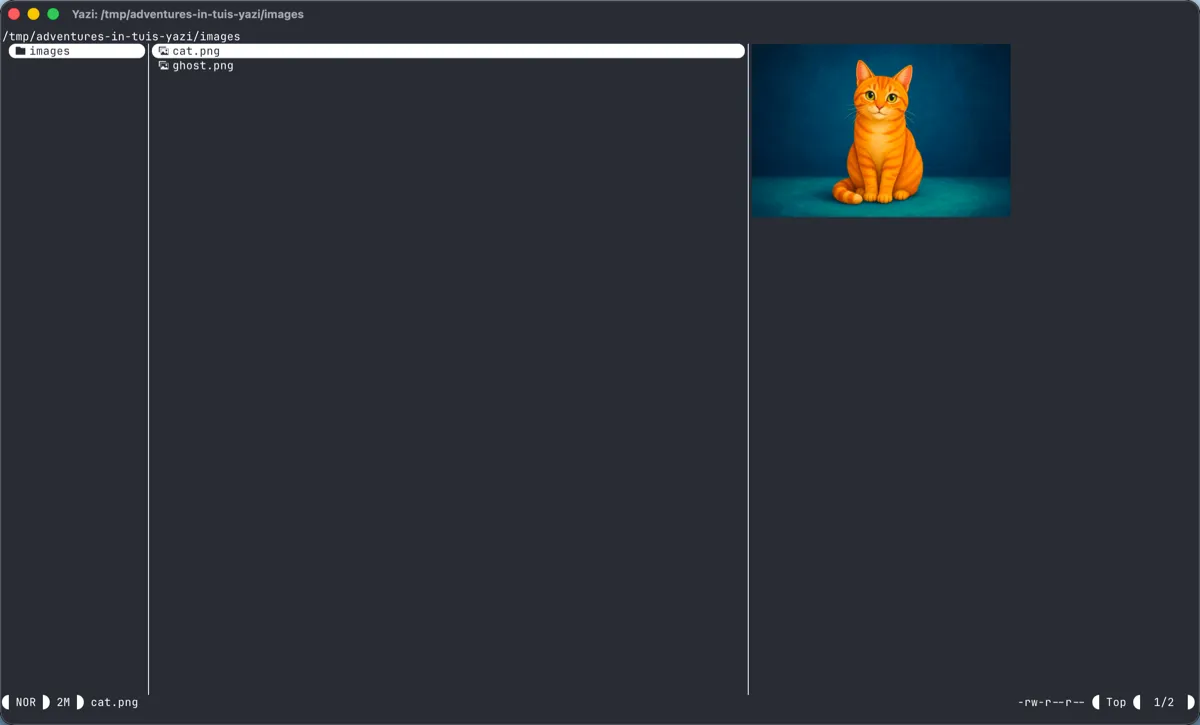 yazi file manager running in Ghostty with cat.png selected and an inline cat image preview in the right pane.
