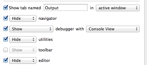 Screenshot of an Xcode behavior configured for build events.