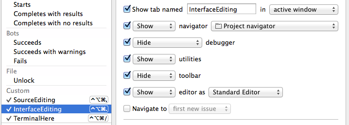 Screenshot of Xcode behavior options for editor actions.