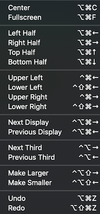 Screenshot of the Spectacle shortcut cheatsheet.