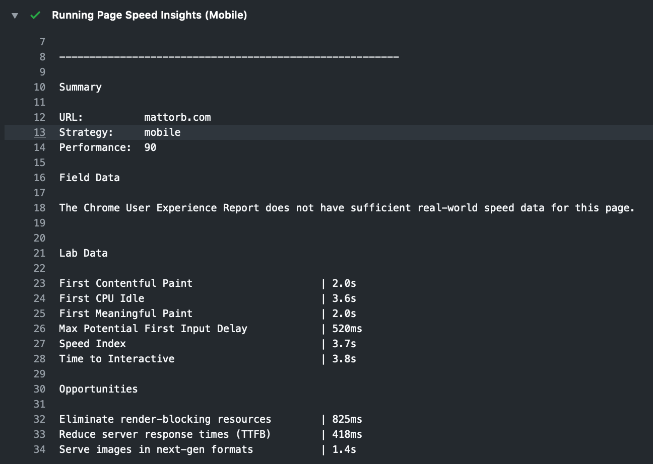 Screenshot of PageSpeed Insights metrics in a workflow result.