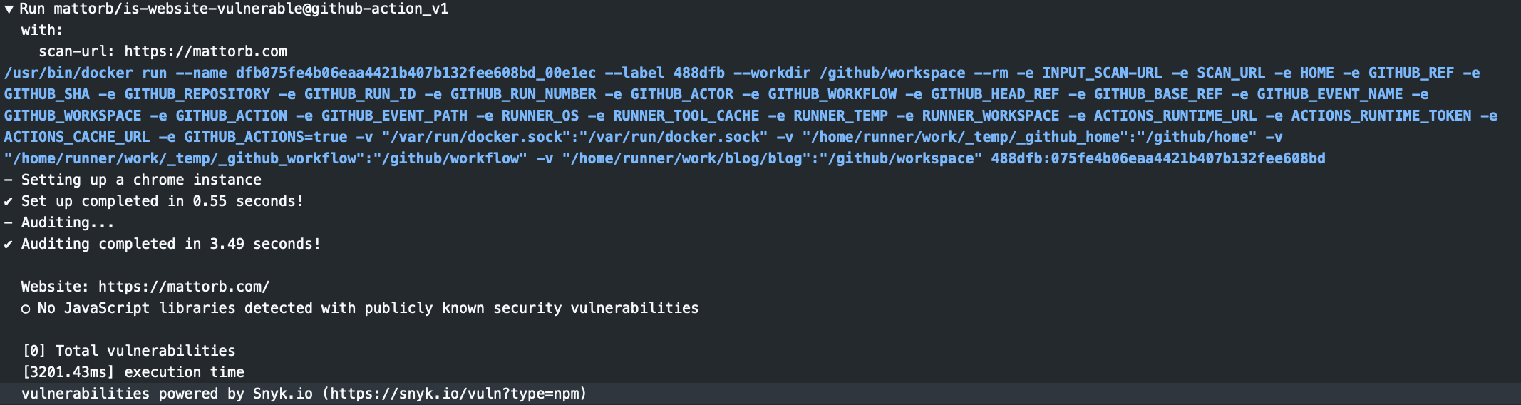 Screenshot of a GitHub Actions vulnerability scan run.