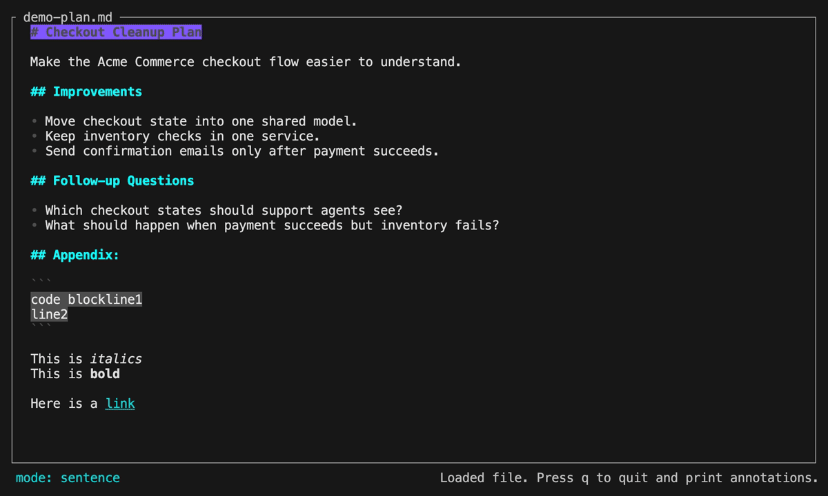 Animated rep TUI demo showing a markdown plan review workflow in a terminal.