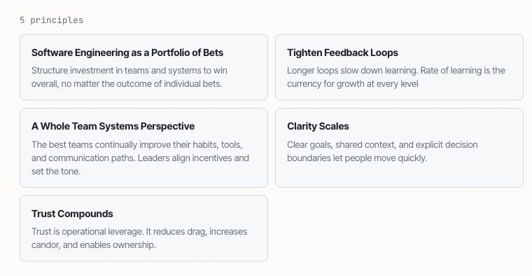 Five operating-principle cards: Software Engineering as a Portfolio of Bets, Tighten Feedback Loops, A Whole Team Systems Perspective, Clarity Scales, and Trust Compounds.