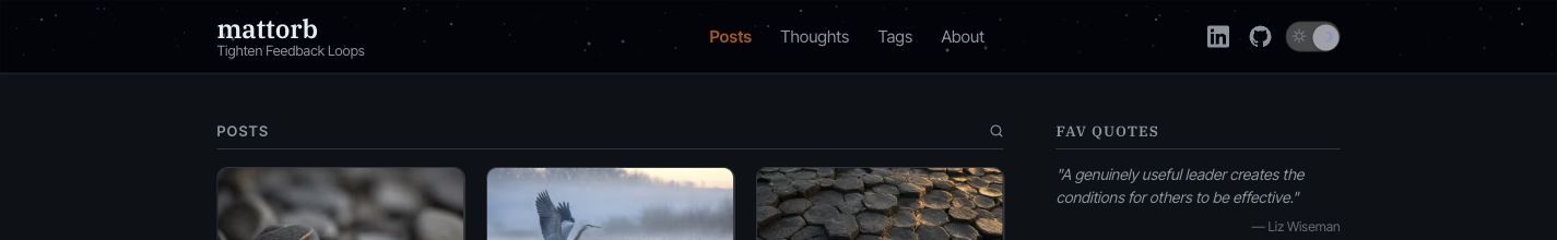 The mattorb.com header and first row of post cards in dark mode, with a near-black animated star field behind the wordmark and navigation.
