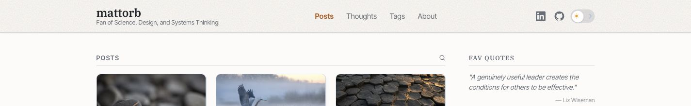 The same mattorb.com header and first row of post cards in light mode, with a warm paper texture replacing the star field.