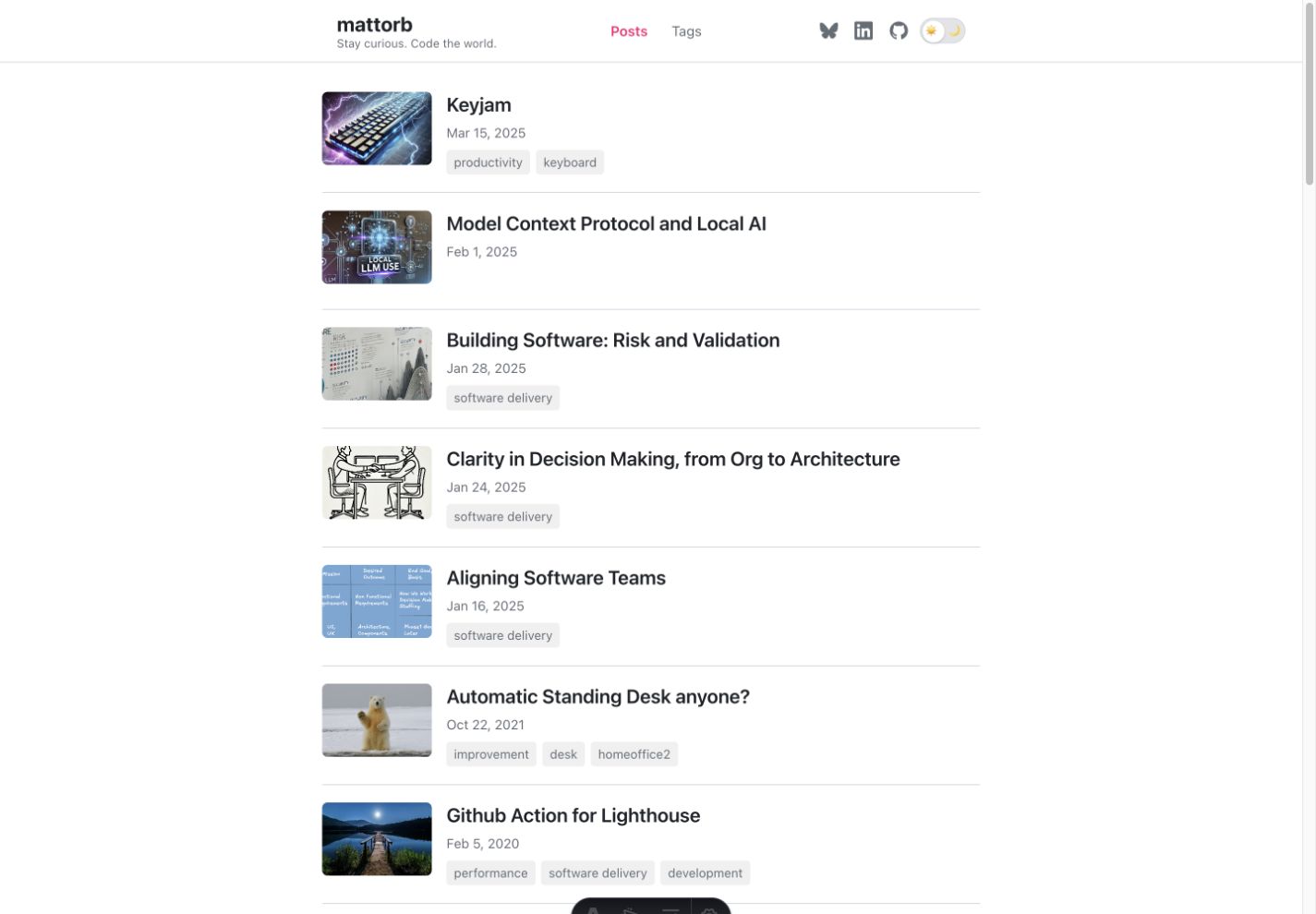 The first functional Astro homepage: a narrow single-column list with small thumbnails, dates, gray tag pills, a system sans-serif, and a bright pink accent.