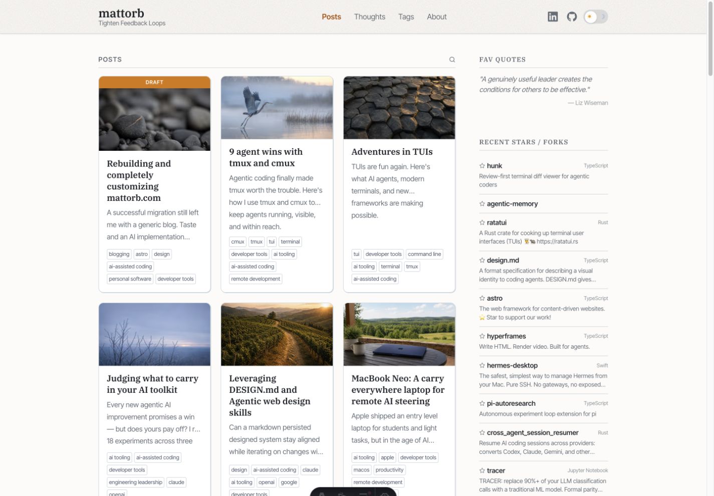 The current mattorb.com homepage: a three-column editorial card grid with photographic featured images, serif headlines, outlined tags, an amber accent, a favorite quote, and recent GitHub activity.