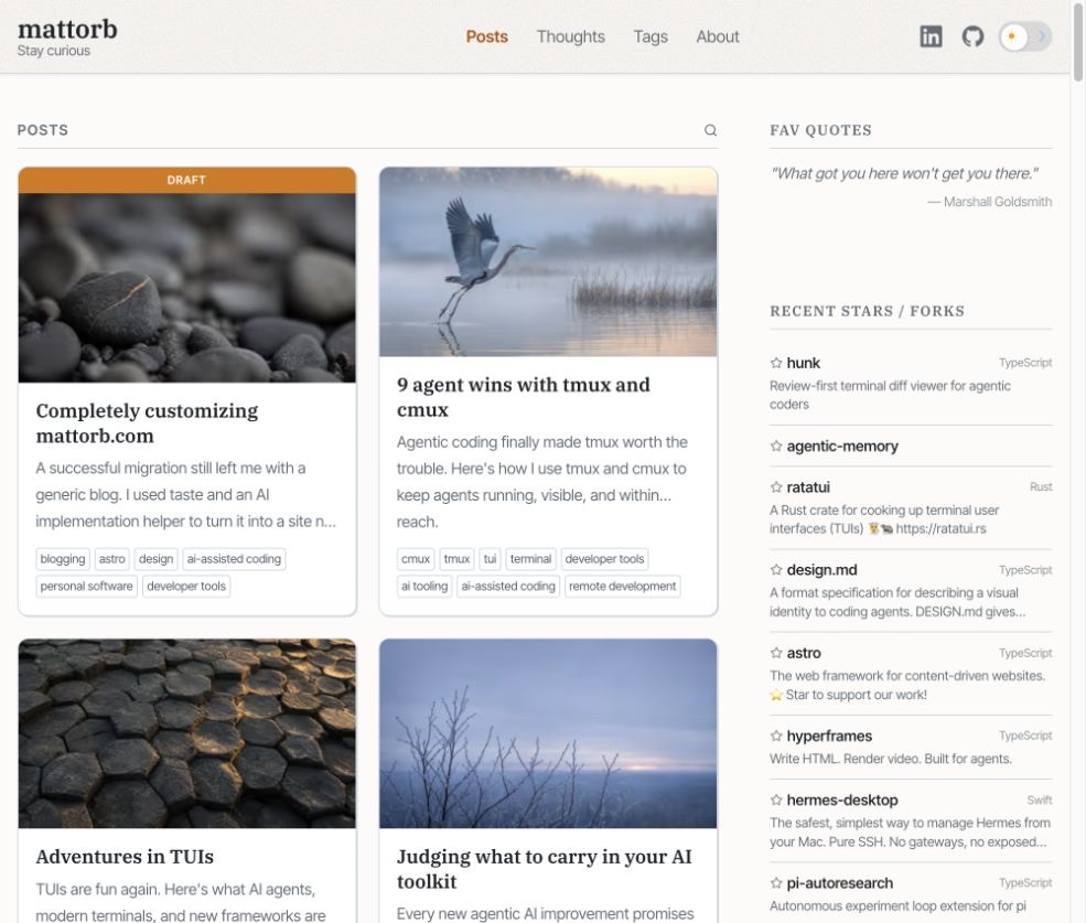 A closer view of the mattorb.com homepage showing two columns of post cards beside a favorite quote and recent GitHub activity.