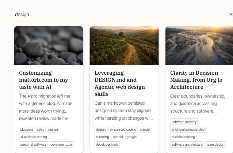 The mattorb.com Posts search expanded with the query design, filtering the homepage to matching post cards.