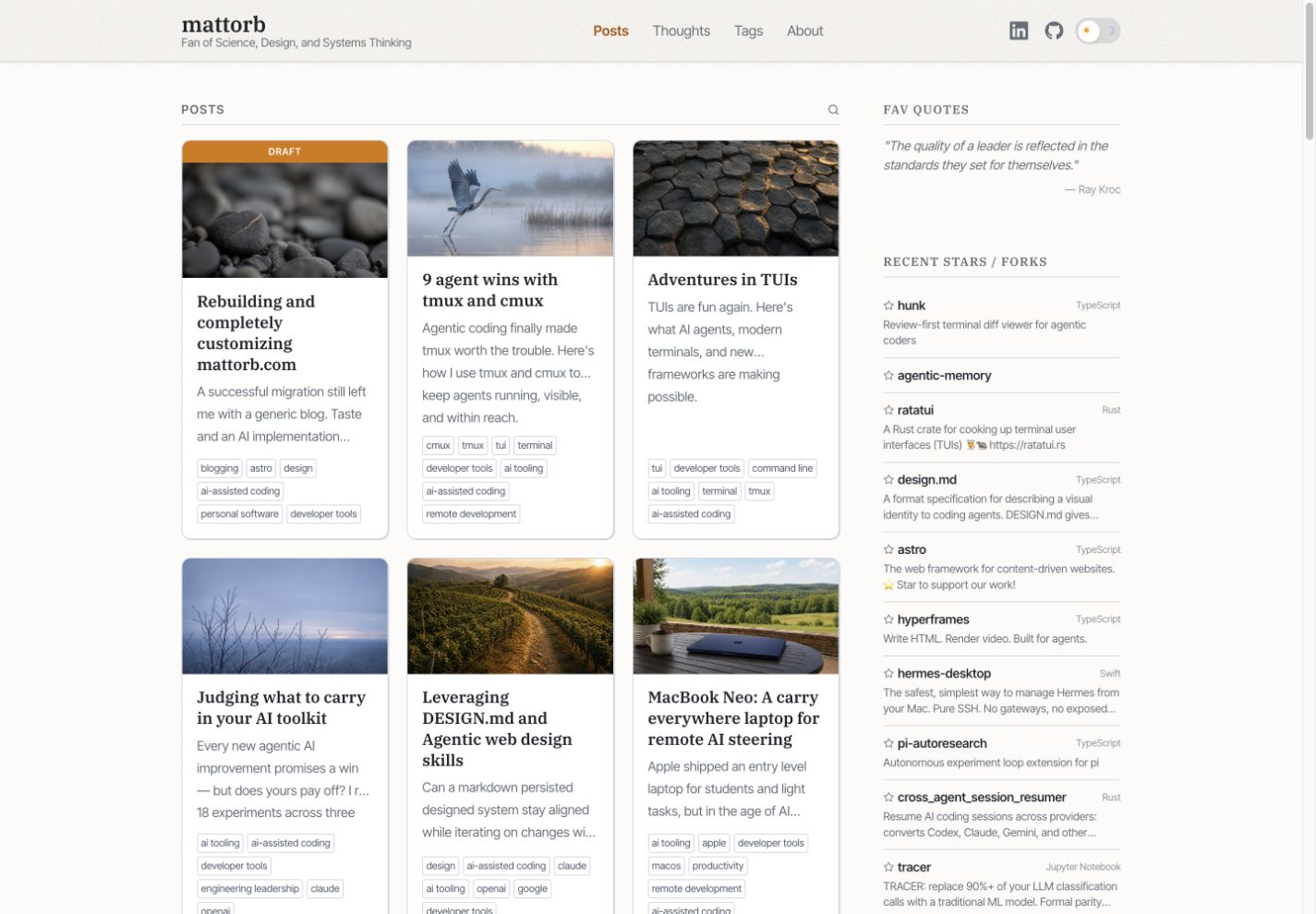 The mattorb.com homepage on a wide desktop. Three post cards sit side by side, with favorite quotes and recent GitHub activity in a full-width sidebar.