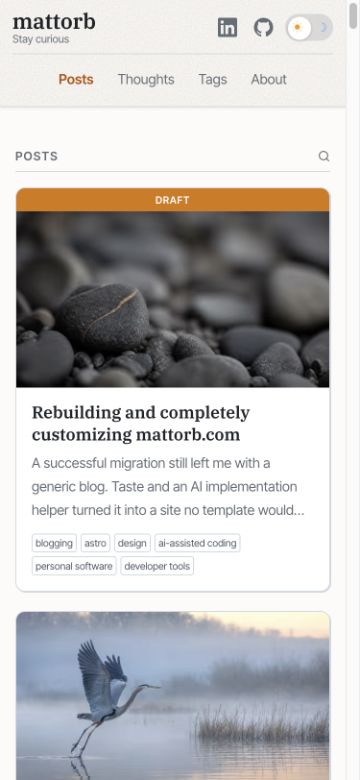The mattorb.com homepage on a narrow phone. Navigation wraps onto its own row and post cards fill the reading width, with the sidebar moved below the posts.