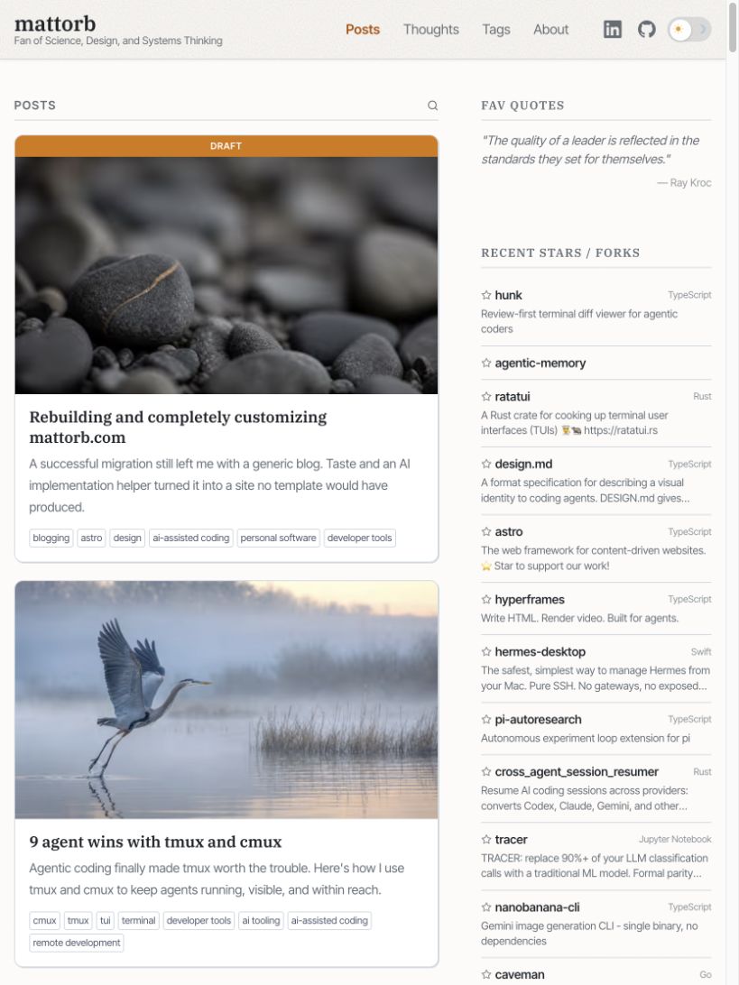 The mattorb.com homepage at tablet width. Posts use one broad card column while the full sidebar remains alongside it.