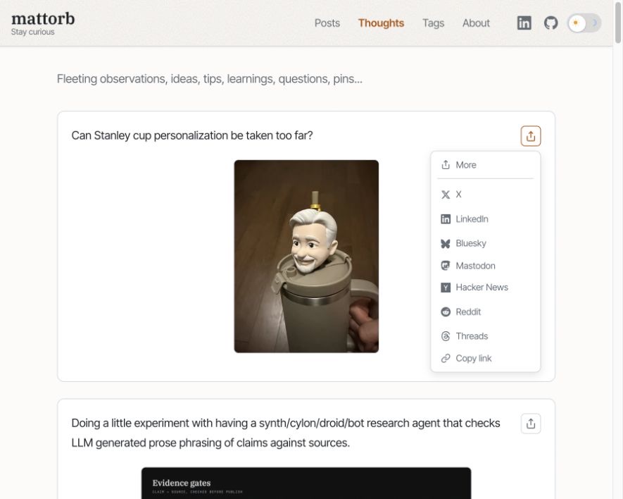 A Thought card with its compact share menu open. The menu includes native sharing, X, LinkedIn, Bluesky, Mastodon, Hacker News, Reddit, Threads, and Copy link.