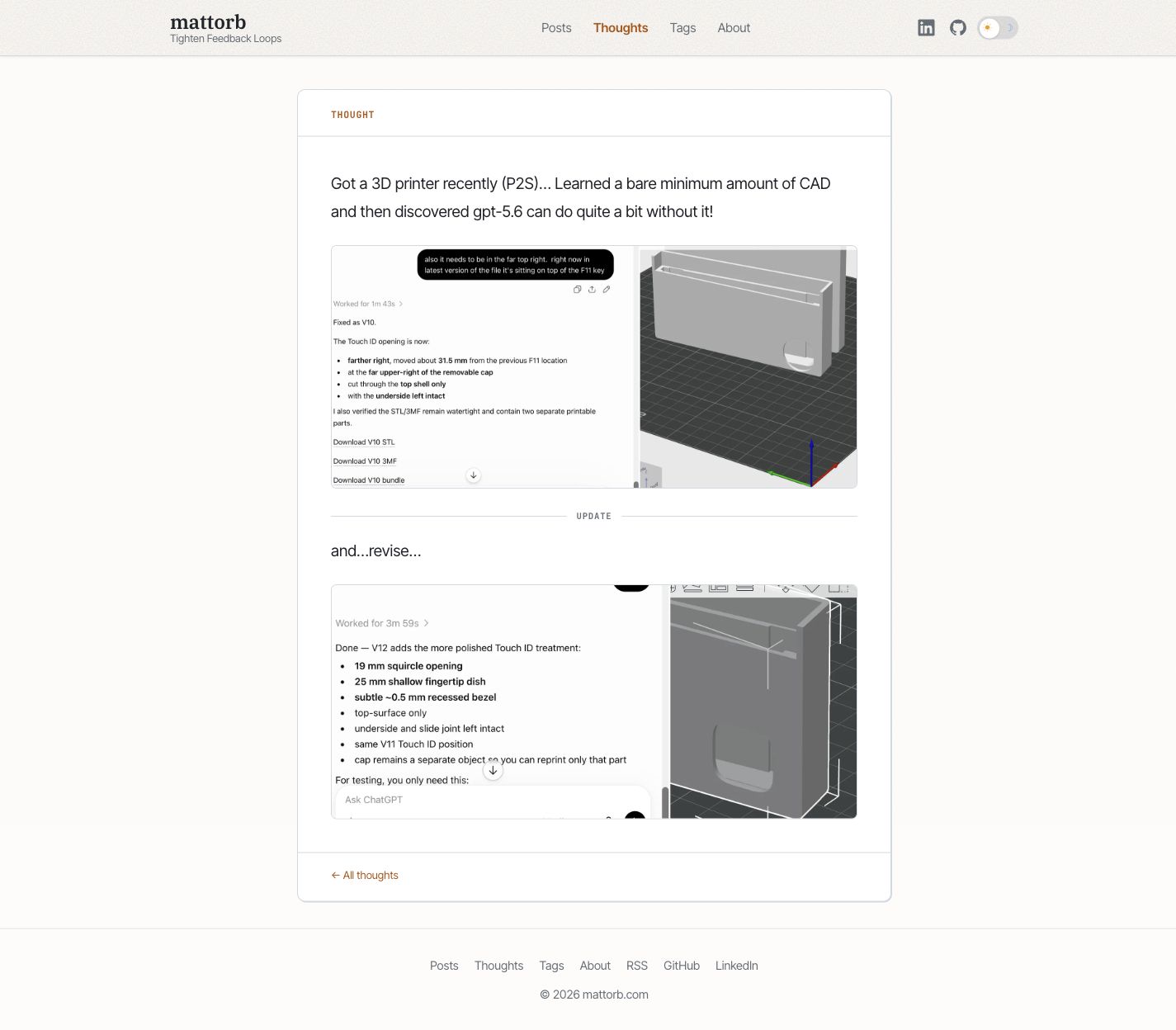 A Thought permalink about using AI to revise a 3D printable model. The original observation and image are followed by an inset Update divider, a short follow-up, and a second image showing the revision.