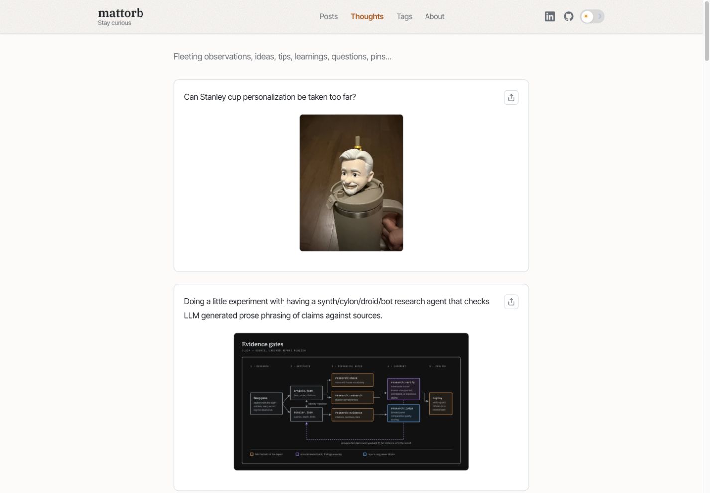 The Thoughts feed: compact bordered entries that pair short observations with images and a quiet share control, without the title, summary, tags, or metadata of a full post card.