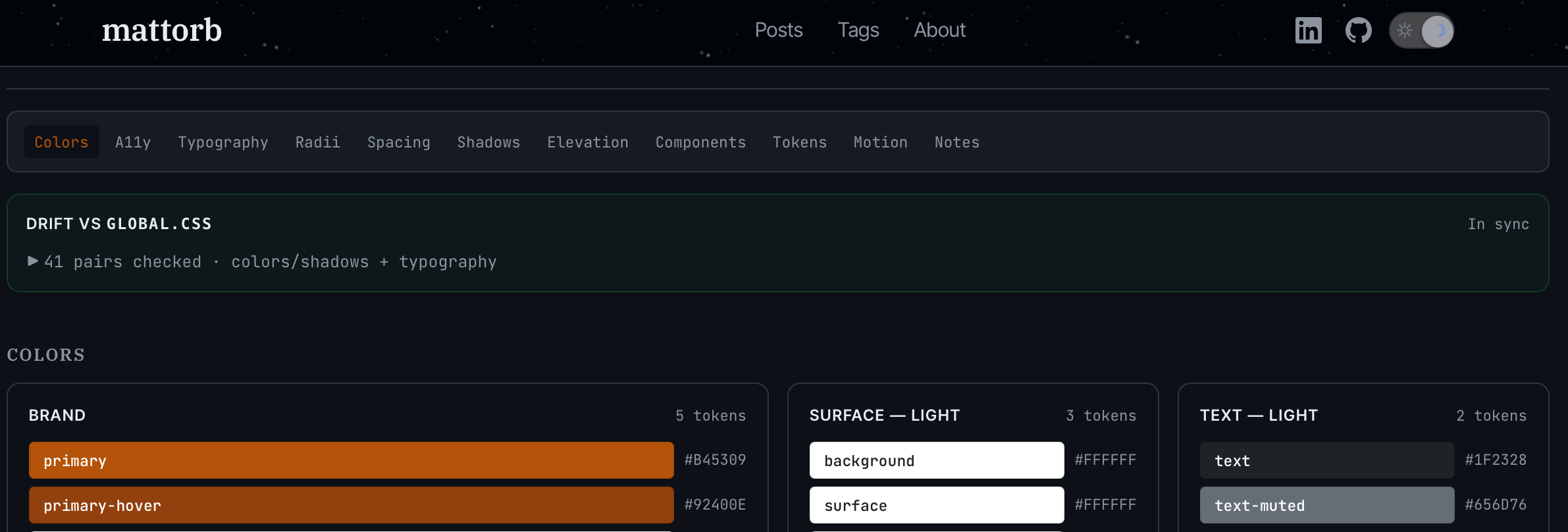 A screenshot of the internal design preview route. The page header reads 'mattorb' with the site's standard nav. Below it, a row of tabs — Colors, A11y, Typography, Radii, Spacing, Shadows, Elevation, Components, Tokens, Motion, Notes. A green-bordered status banner reads 'DRIFT vs GLOBAL.CSS — In sync. 41 pairs checked · colors/shadows + typography'. Below the banner, a Colors section shows three card groups (Brand, Surface — Light, Text — Light) listing token names alongside their hex values.