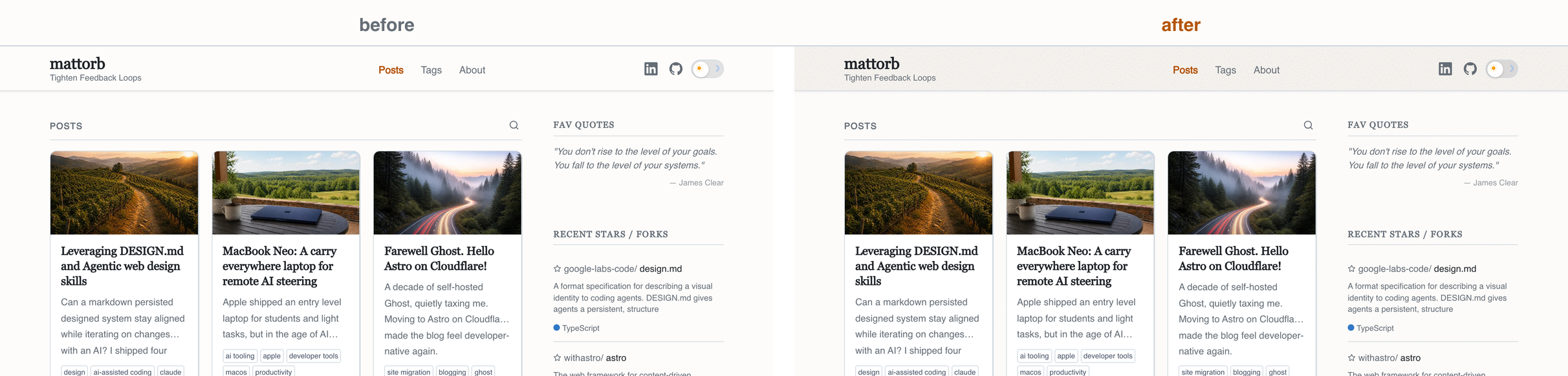 The home page top in light mode, before and after the paper-grain pass. Before: cards on a stark, flat white page. After: cards still pure white, but sitting on a faintly warm and gently textured paper background that gives the page material rather than just a color.