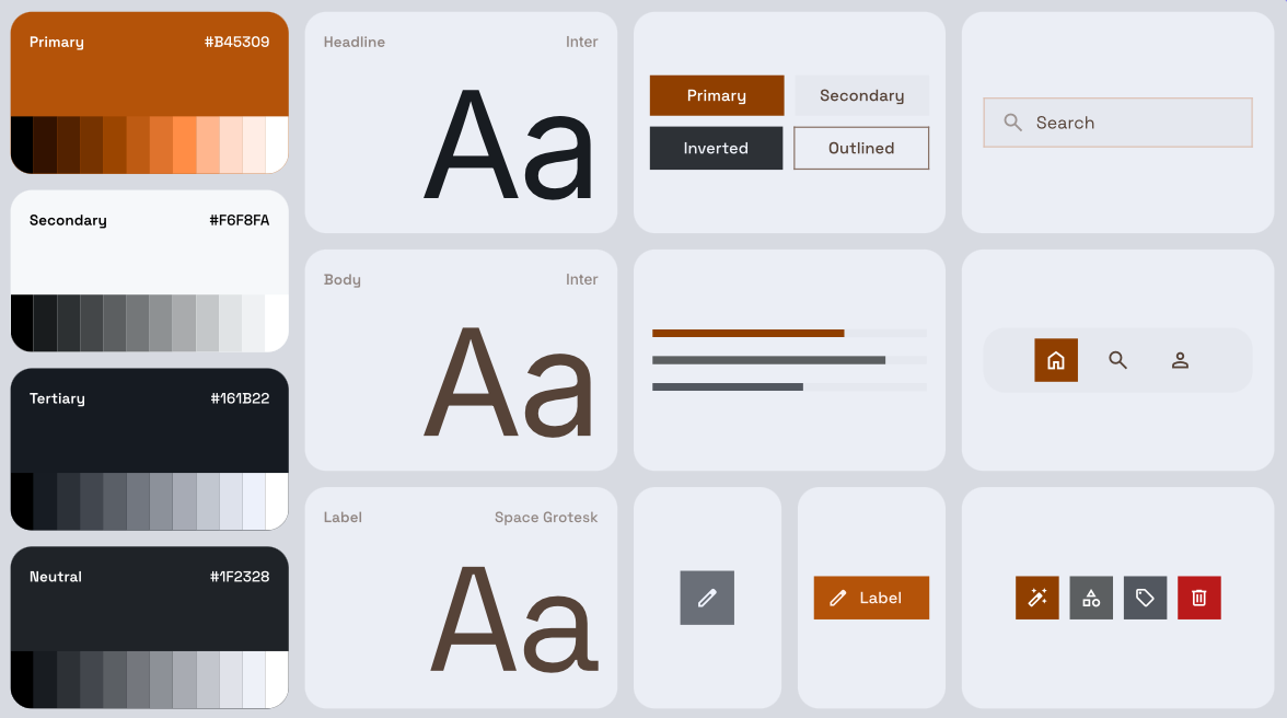 A reference render of a DESIGN.md system: a four-column overview showing brand color swatches (Primary, Secondary, Tertiary, Neutral) with named hex values and tonal scales, three typography samples (Headline, Body, Label) each set in 'Aa' at display size, and a grid of component spec cards (button variants, search input, icon nav, label button, action icon row).