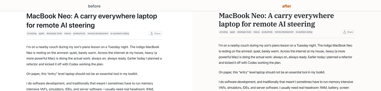 An article header before and after the typography change. Before: title rendered in the default operating-system sans-serif. After: title rendered in IBM Plex Serif at semibold, with tighter tracking and a more deliberate display weight. The body paragraphs below remain readable in a refined sans-serif.