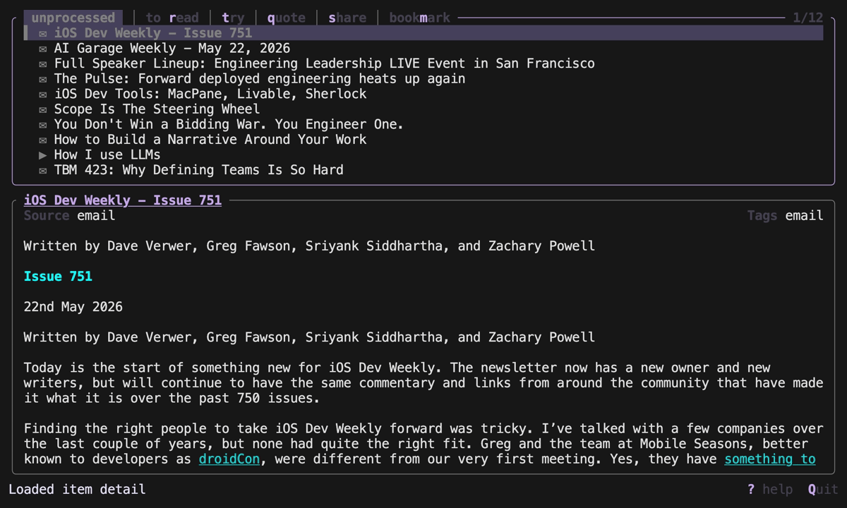 Animated Sift terminal demo showing saved items being reviewed and categorized.